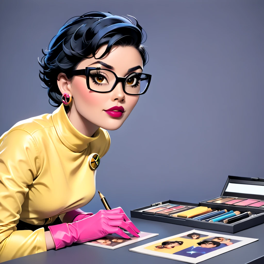 score_9, score_8_up, score_7_up, beautiful, stunning, fantasy, Best quality, 4K picture quality, JubileeXMXL, lipstick, brown eyes, black hair, short hair, eyewear on head, earrings, small breasts, yellow jacket, turtleneck, pink shirt, symbol print, yellow gloves, long gloves, denim pants, black belt, blue boots, full body lying in top pov 