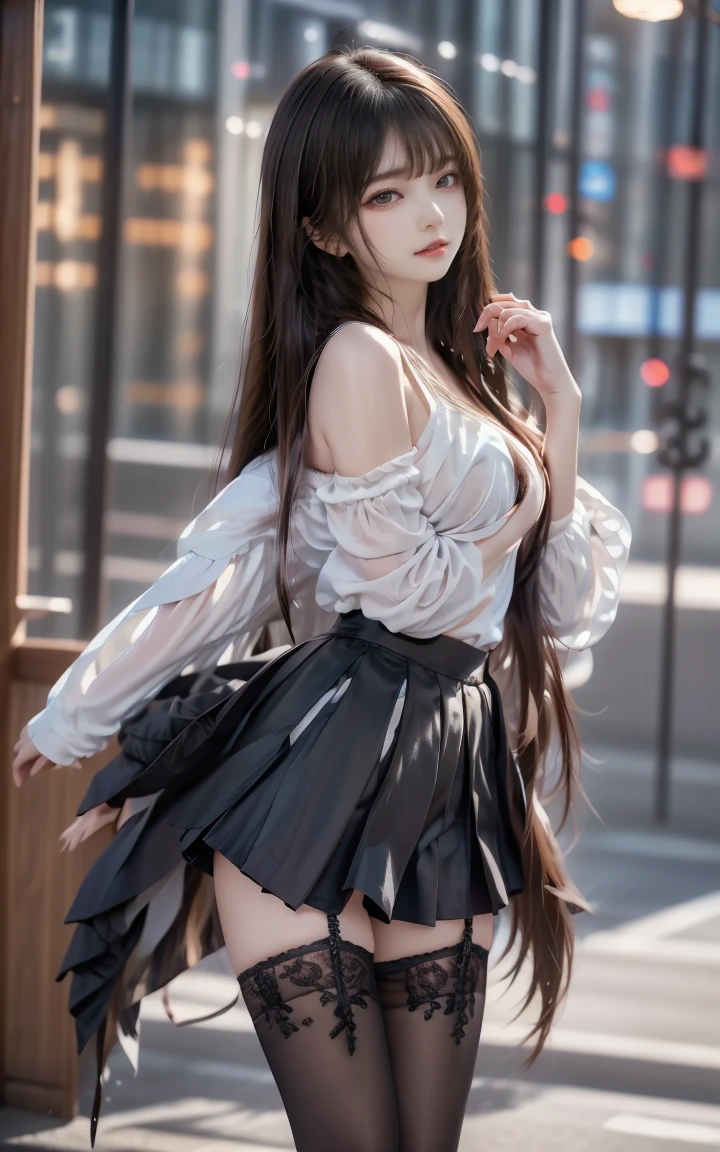 Raw photo、８K、Top image quality、超A high resolution、​masterpiece、realisitic、Photorealsitic:1.5、highly contrast、photon maping、real picture、ultra-detailliert、low angles:1.3、Textured skin、1 girl in、Solo:2、Alone、full-shot、(Stage of the evening concert venue:1.7)、Pop Star in K、K-de-pop idols、K-Pop Costumes、A sexy、Fancy makeup、blazers:1.3、a short skirt:1.3、Blouse、(Raw feet:1.3)、(high-heels)、100 degree leg opening:1.5、Open crotch:1.5、Brown hair long hair、See-through wet white panties:1.5、Panties visible from under the skirt:1.3、(Long body)、Height is 170 cm、Long feet:1.2、middlebreasts、Beautiful facial features:2、perfectly proportions:1.2