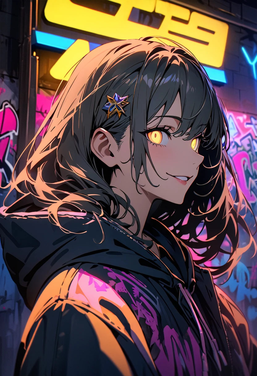 masterpiece,  best quality, 8k, detailed background, masterpiece,  best quality, smile,  ornament with yam,  HOODIE, Portraiture, Neon Yellow, graffiti, dark, night, Shining Eyes,  black light,Ninety-nine Yuki