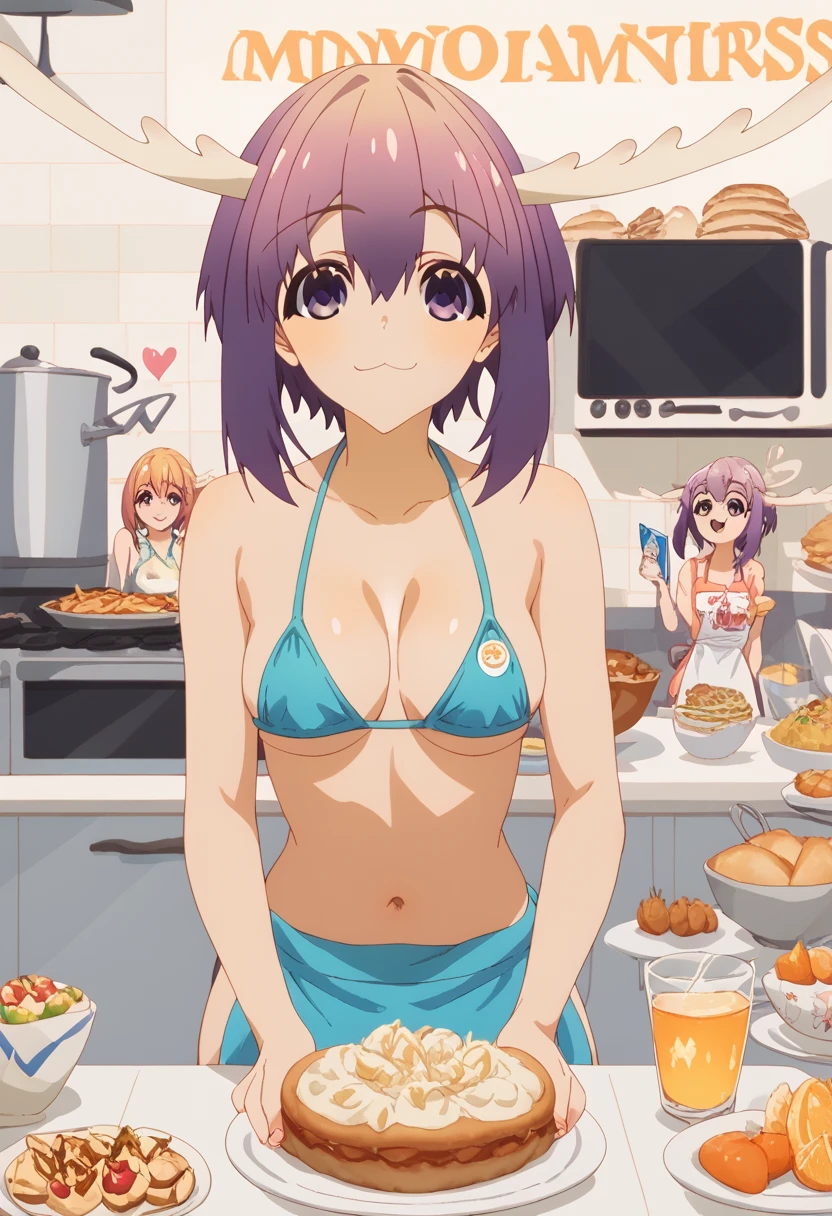 shikanoko : ( best quality , masterpiece),sexy mommy,  Cover of a women's cooking magazine, , not, erotic, 18+, nsfw, 1 ,  30 years old , splendid, , Smile Warms the Heart ,  hourglass figure , super mini bikini, pin apron, delicious food, text, diagrams, ads, magazine title, long straight purple hair, purple eyes