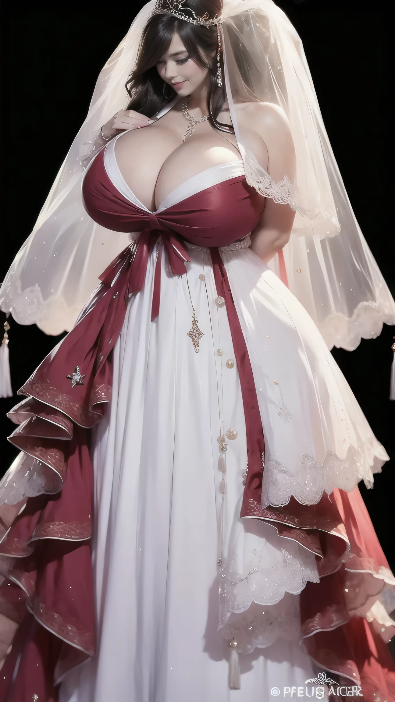 POV from behind, half zipped back shoulder,Middle-aged French tall and thick woman with black umbrella,seen from behind very tall and big woman,French faces, smiling and jumping,, beautiful diamond crown, realistic crown,Delicatemakeup,curvesious body tall and thick woman,Sexy and feminine,grin,Wrinkles at the corners of the eyes,with long braided hair,red and white Gothic bride dress,full angel dress, transparent dress,long shaded veil, transparent duppata,,loose skin,Large sagging breasts,Towering breasts,Thin waist with wide hips,White pearl Necklace,White heels,Tall and tall,Stand up,Open posture, beautiful black umbrella, POV from behind ,full clothes concept, details of breasts size and dress adjustment