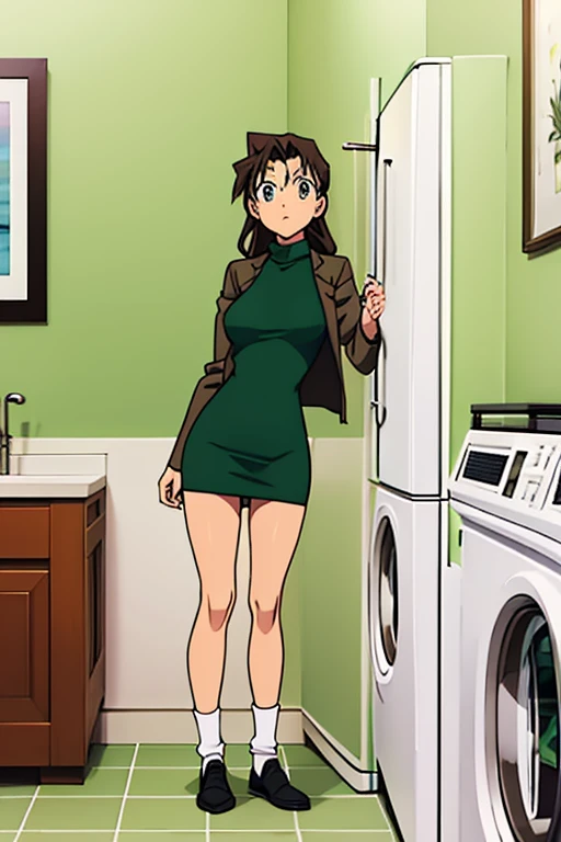 {{{mouri ran}}},{{{Detective Conan}}},{{{long hair}}},{{{official style}}},{{{adult}}},green dress,one-piece dress,turtleneck,green miniskirt, {light green cropped jacket},{light green cropped jacket},green socks,,sink,laundry,kitchen,bringing upper body to the sink,open