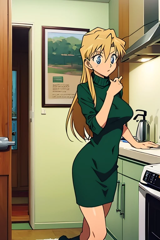 {{{mouri ran}}},{{{Detective Conan}}},{{{long hair}}},{{{official style}}},{{{adult}}},green dress,one-piece dress,turtleneck,green miniskirt, {light green cropped jacket},{light green cropped jacket},green socks,,sink,laundry,kitchen,bringing upper body to the sink,open