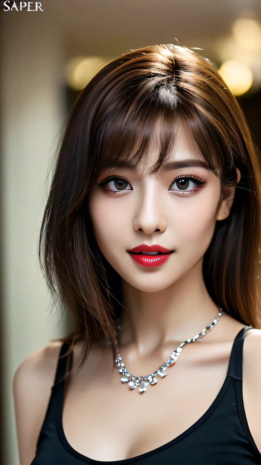 (highest quality、8K、best image quality、Award-winning work)、(one young girl, 14 years old:1.3)、(red eyeshadow:1.2)、perfect makeup、long eyelashes、Super high-definition sparkling eyes、ultra high definition hair、ultra high resolution glossy lips、Super high resolution perfect teeth、Super high resolution cute face、brown hair、(very long straight hair:1.1)、look at me and smile、[clavicle]、accurate anatomy、(black background:1.5)、(((professional lighting:1.5)))、Super high-resolution glossy and moisturized face、Super high resolution glowing skin、most detailed face、Ultra high resolution detailed faces、ultra high resolution hair、Super high resolution sparkling eyes、Beautiful face drawn in every detail、Super high resolution glossy red lips、(((Naked 1.5)))、(((Elegant dress 1.5)))、(((Full body photo 1.2)))、風になびく髪black background、