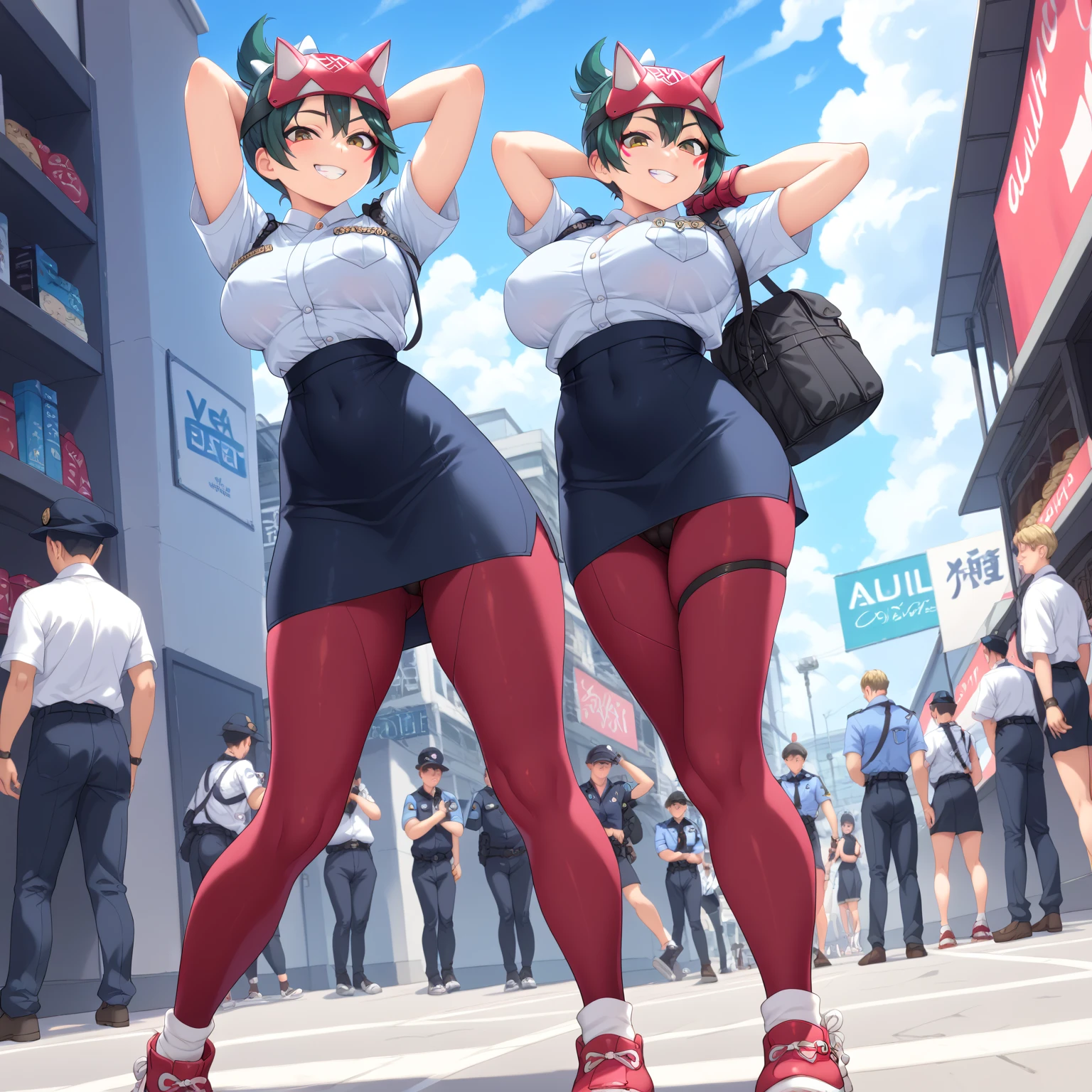 (best quality),(high resolution),crowded downtown,from below,full body,zoom out,BREAK,(1 girl),kiriko,police uniform,big breasts,petite frame,short hight,evil grin,arched back,arms behind head,covered erect nipples,anatomically accurate