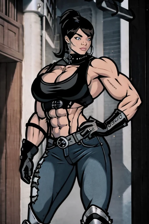 ((Masterpiece, best quality, edgQuality)), a curvaceous woman standing, posing for a picture wearing sunglasses, smiling, excited, edgLL, long hair, ((leather harness)), massive breasts, looking at viewer, black and silver streaks hair:1.5, large breasts:1.8, underwear, panties, camletoe, cowboy shot, belt, collar, lips, thigh strap, bound, BDSM, bondage, lace, buckle, ((colossal cleavage)), white bra, realistic, arms at sides, lace bra, wearing edgLL leather lingerie intricately detailed, intricately textured