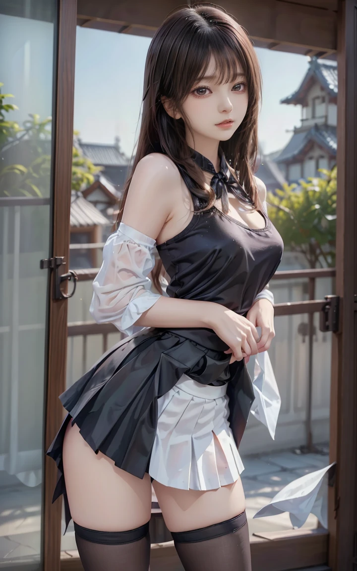 realistic, High resolution, 1 female, alone, hip up, show viewer, (detailed face), gray hair, long hair, Maid clothes, jewelry、)(cropped shoulders)、(((Raise the skirt to the chest)))、)(Panty shot)((Black lace panties visible)),((Stand in front of Soph)), ((Rear view)),(((Stand in front of Soph, Rear view, The skirt was blown up by the wind, White lace panties visible))),