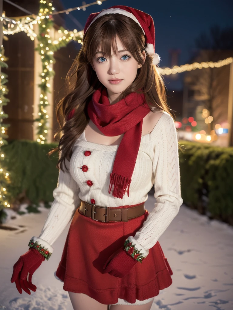 upper body,
break
1girl, (cute Half Japanese and half German girl), smile, Looking at camera, twisting body,
break
souryuuasukalangley, ((long hair, bangs, blue eyes, two side up, light brown hair, red hair ornament, scarf, woolen mittens)),
break
(8k, RAW photo, best quality, masterpiece:1.2), (realistic, photo-realistic:1.4), (extremely detailed 8k wallpaper), sharp focus, depth of field, blur background, bokeh, cinematic lighting, soft light, 
break 
 large Breasts, Saggy breasts, 
break
((Christmas flare dress, long sleeve)), 
break 
christmas night, vintage street with gas lamps, snow-covered street,