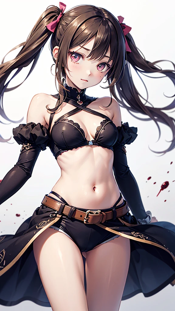 ( one girl ), masterpiece,  best quality,  ultra-fine illustration, Very cute girl,  Highly Detailed and Beautiful Faces ,  viewer,  one girl , belt, close,  viewer, 4K,  high definition , ribbon, Intense misunderstanding , , throw,  twin tail hair that breaks, White background,  simple background, Thick outline,  purple eyes, (sleep),  brown hair on the abdomen, little, Expressions of love,  (( brown hair on the abdomen)), (Blood),