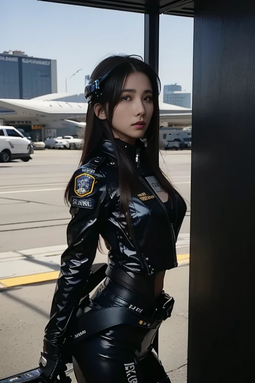 (Highest image quality, excellent details, Ultra-high resolution), (Realism: 1.4), favor details, a beauty girl, with a delicate and beautiful face, ((Bold shots、Lively shots)), Slender and tall beautiful girl, (Black racing suit、I like police uniforms, Black and gray mechs, Wearing a military harness, Have a submachine gun), ((With the airport terminal in the background,waiting、pilot、Special Forces Helmet、Combat stance、uptight、terrorist alert、patrol、))