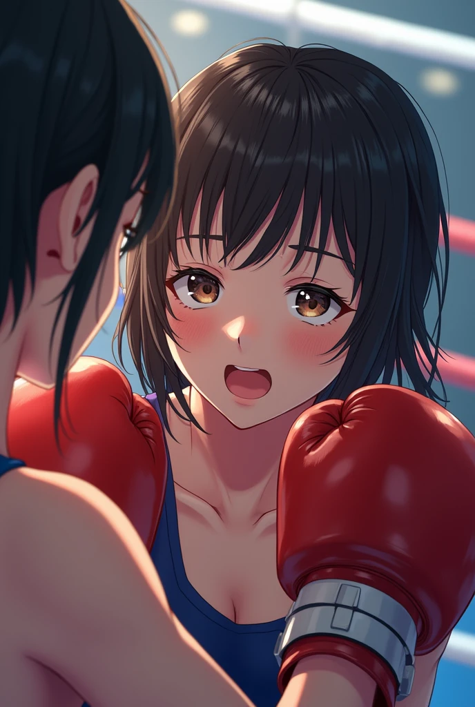 naked two cute japanese high school girl fighters are punching so hard each other in a ring. punch with all their might. dynamin action. thire body and face have bruises and blood all over her body and face. Muscular bodies. Six-pack abs. they have short-cut black hair, shortness of breath, drool from her mouth, one closed eye, exhaustion, and sweat soaked.