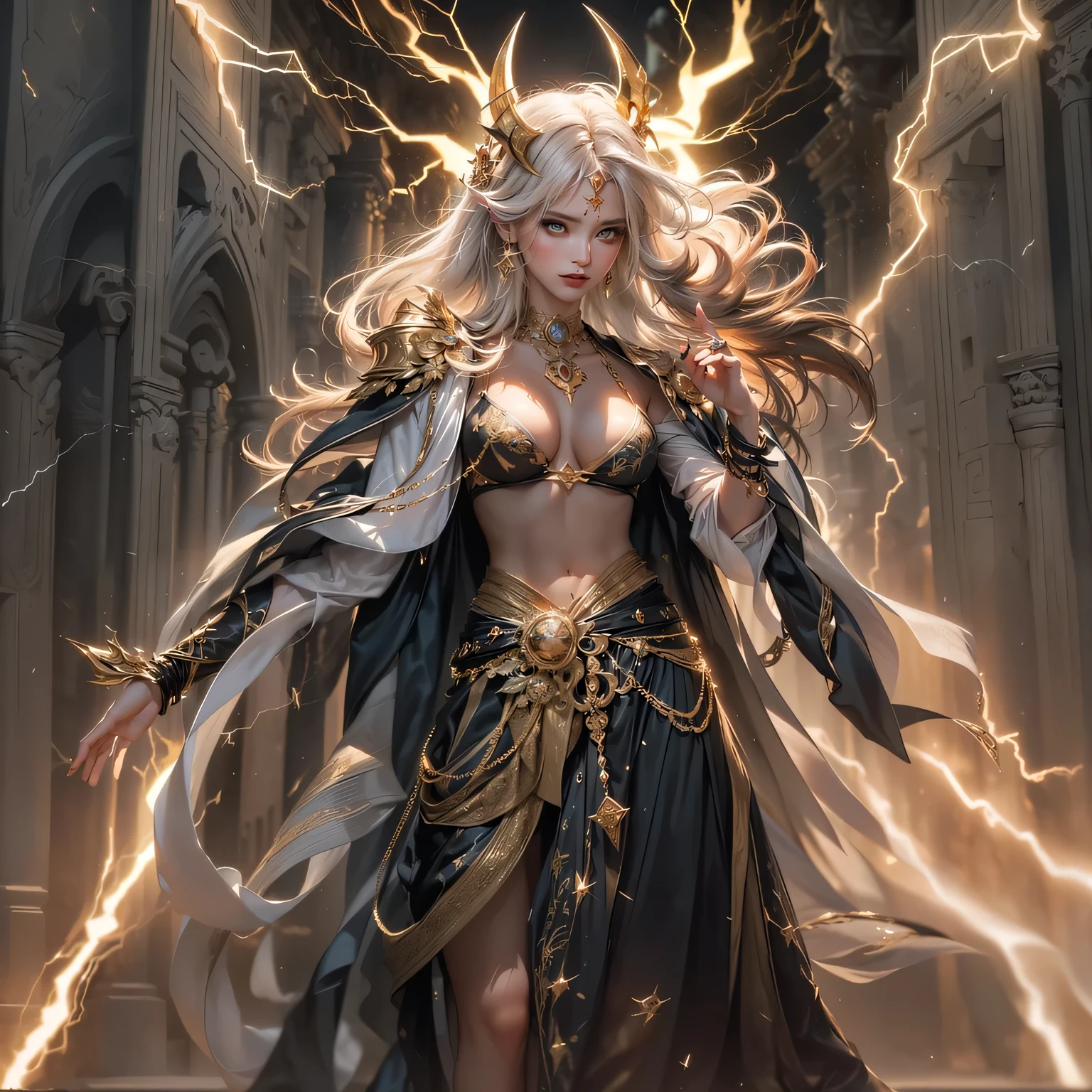 masterpiece,highest quality,Ultra high definition, The Goddess Themis, Greek mythology,((Forehead hair)),white hair,(The balance scales of justice in my hand),(holding up the scales),deep brown eyes, white draped robe, scales, (Deep brown eyes)