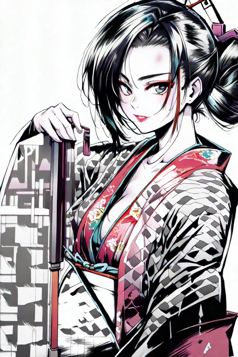 Mujer japonesa con katana, Samurai, tatuaje en el cuerpo, hermosa, rostro detallado, cuerpo completo, kimono sexy corto, ojos lindos