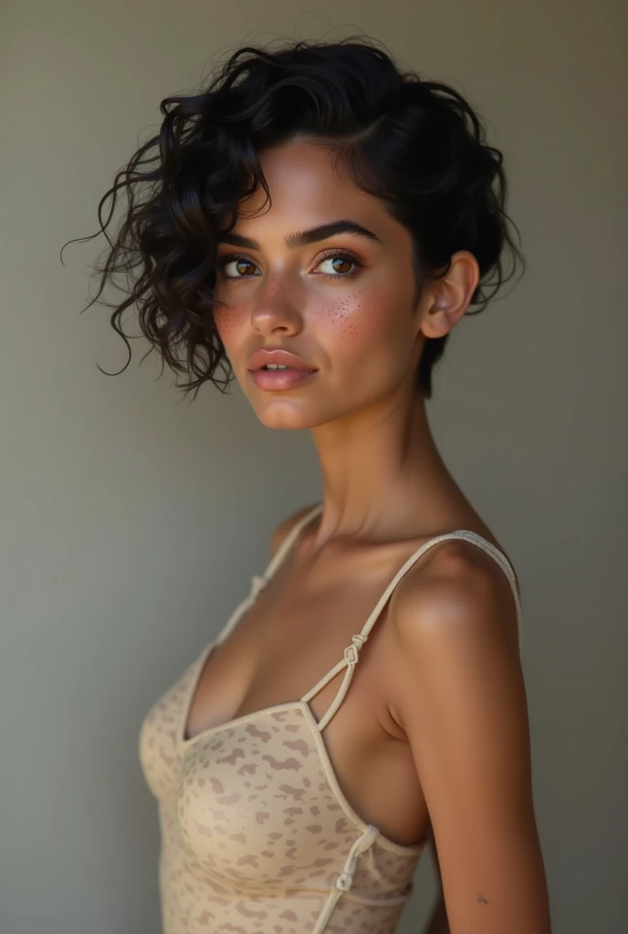 one beautiful woman, oval face, senseful lips, big brown eyes, 30 years old, slim sporty body, middle size breast, outside in a city, 1/2 body, front view, long curly hair, clothes are whole and consitant, no text, sunny weather, backgorund blurred, sefie shot, cinematic lighting, motion blur, film grain, very detailed, 30 years, natural curly brown hair, dark brown eyes, high-res, masterpiece, best quality, intricate details, highly detailed, sharp focus, detailed skin, realistic skin texture, texture, detailed eyes, professional, 4k, 85mm, shallow depth of field, kodak color vision, perfect fit body, extremely detailed, photo_\(ultra\), photorealistic, realistic, post-processing, maximum detail, roughness, real life, ultra realistic, photorealism, photography, 8k uhd, photography (grain of film) medium shot for closeup shot, longer slimer face, perfect face, long oval lovely face, dark brown eyes, (((VERY CURLY))), deep charming look, deep brown charming eyes, flirty look, perfect face