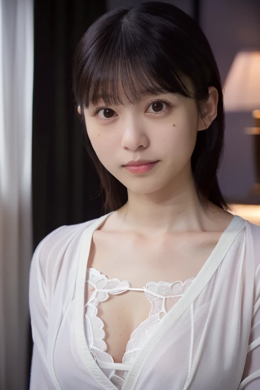 (best quality, perfect anatomy, highres, 8k, realistic, photorealistic, natural skin texture:1.2), (night, darkness:1.5), 1girl, solo, Japanese, age20, (very cute:1.2), jp idol, parted lips, (white long sleeve satin pajamas:1.2), (very large breasts), (cleavage:1.2), (looking at viewer:1.5), Master bedroom, half shot, (under exposure:1.5), (ramp lighting)