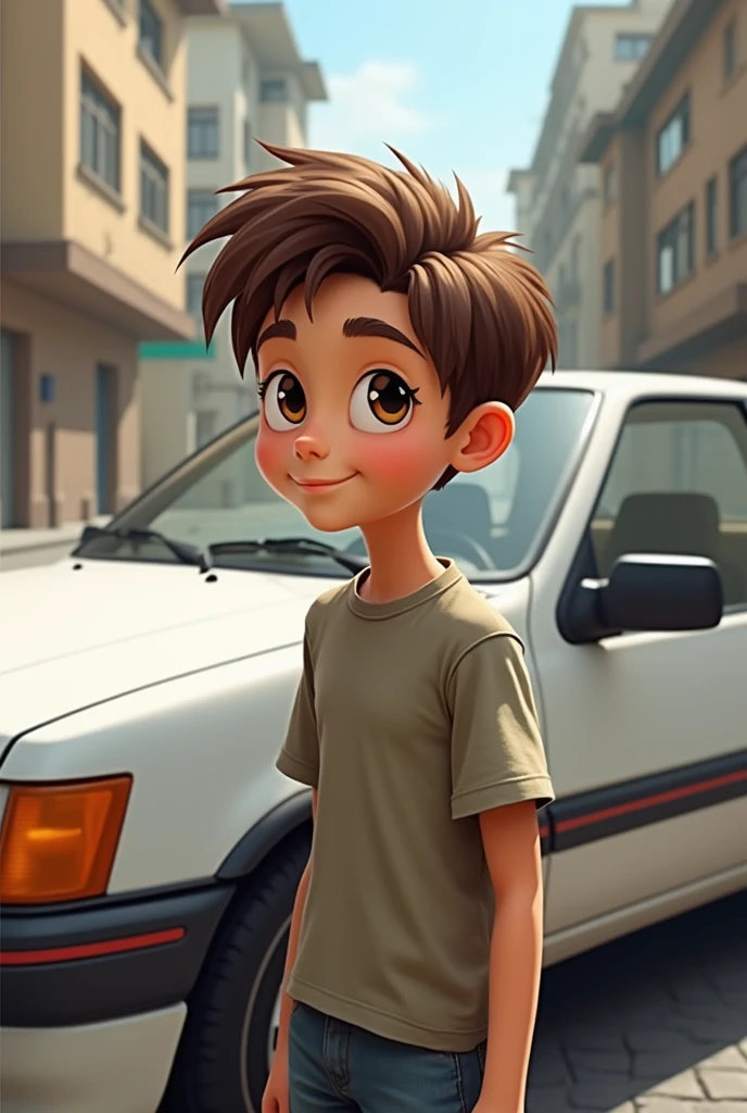 Black shirt to white pant and background car and maintain boy