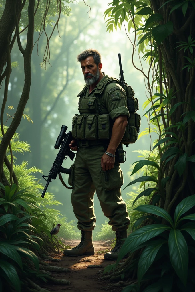 ((masterpiece)). ((best quality)), ((highres)), male focus, private military contractor, solder, mercenary, jungle camouflage battle dress uniform, cigar, aiming and firing an m16 rifle, assault rile, m16a2, intense look on his face, brown hair, short hair, assault vest, jungle backdrop, gritty war atmosphere --auto --s2