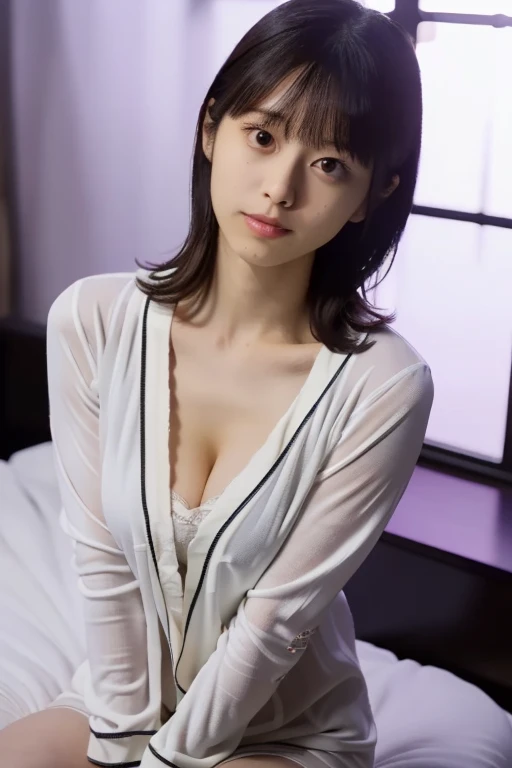 (best quality, perfect anatomy, highres, 8k, realistic, photorealistic, natural skin texture:1.2), (night, darkness:1.5), 1girl, solo, Japanese, age20, (very cute:1.2), jp idol, parted lips, (white long sleeve satin pajamas:1.2), (very large breasts), (cleavage:1.2), (looking at viewer:1.5), Master bedroom, half shot, (under exposure:1.5), (ramp lighting)