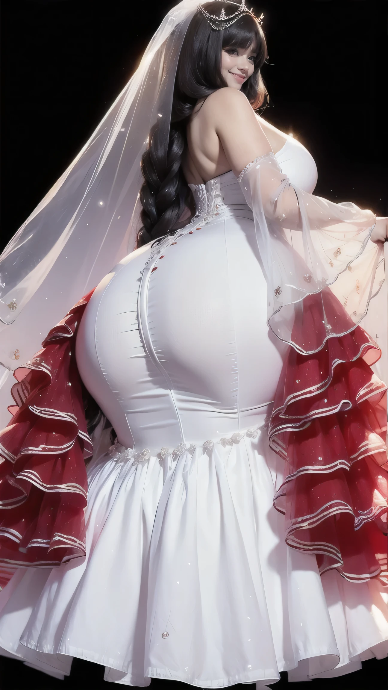 (masterpiece, highres, best quality:1.5), (hyper realistic:1.3), 1woman wearing a wedding dress, breasts too big for wedding dress, (gigantic breasts:1.4), ((sagging breasts:1.4), veiny breasts, (detailed face:1.2), (beautiful face:1.2), (long legs:1.2), (thin waist:1.1), thin face, thin shoulders, wedding dress