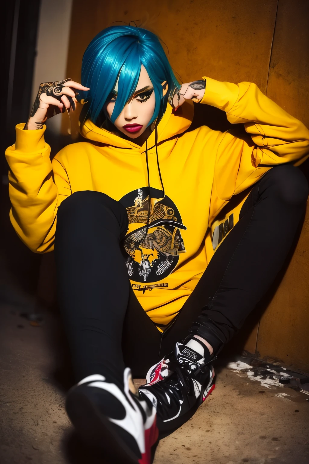 The most beautiful and sexy skateboard girl, rainbow colored hair, yellow eyes, wearing hoodie, graphic t-shirt, torn skinny jeans and highly detailed skateboard gear, tons of tattoos and piercings, highly detailed background, perfect masterpiece, high quality, high resolution