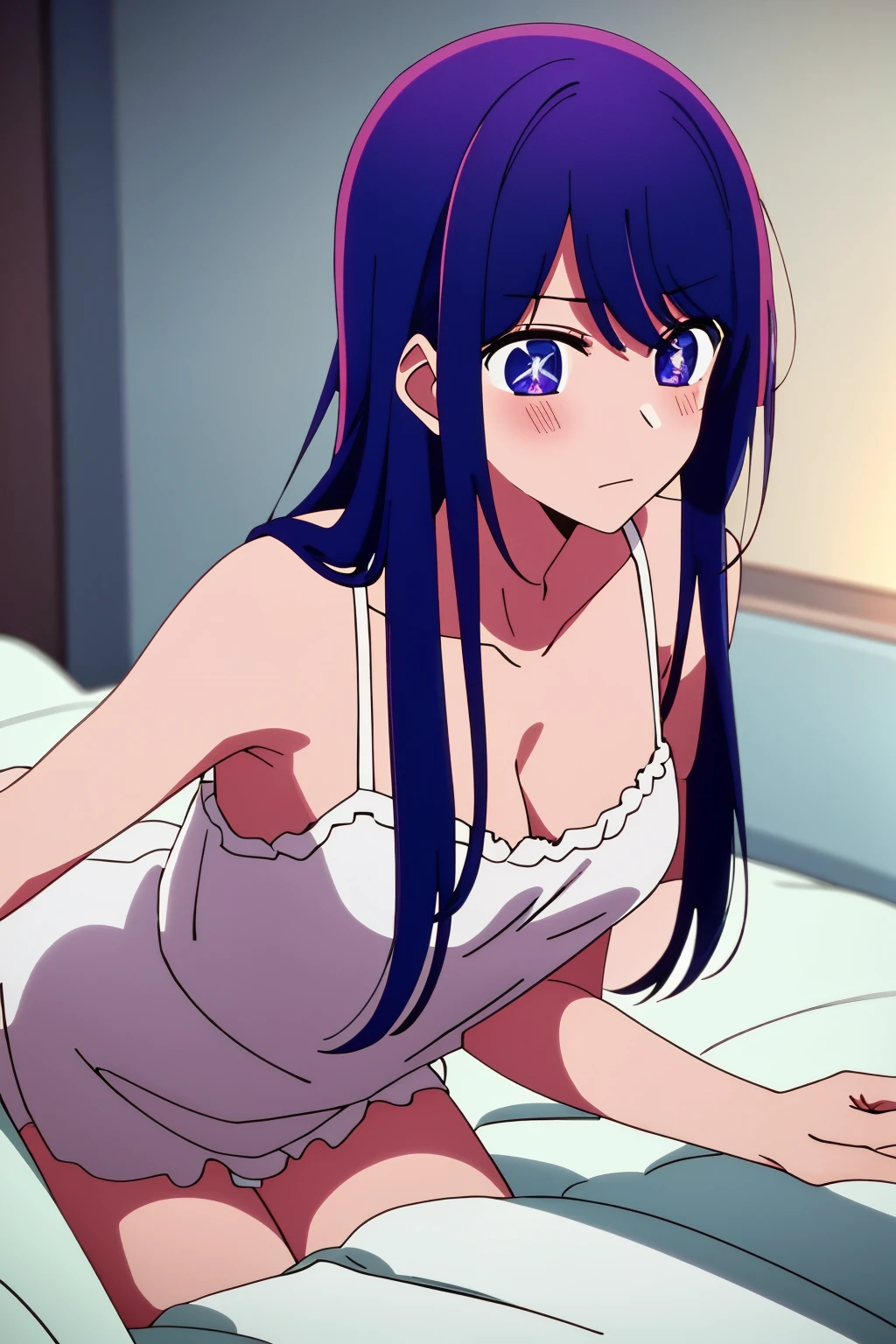 (score_9_up, score_8_up, score_7_up), (masterpiece, best quality, ultra detailed, intricate details, source アニメ, high resolution, smooth lines), hoshino ai, 1girl, 独奏, Purple Hair, Purple eyes, Long Hair, (star-shaped pupils:1.1), アニメ, star eyes, peace fingers, medium breasts, sitting, spread legs, Camisole, panties, アニメ screencap