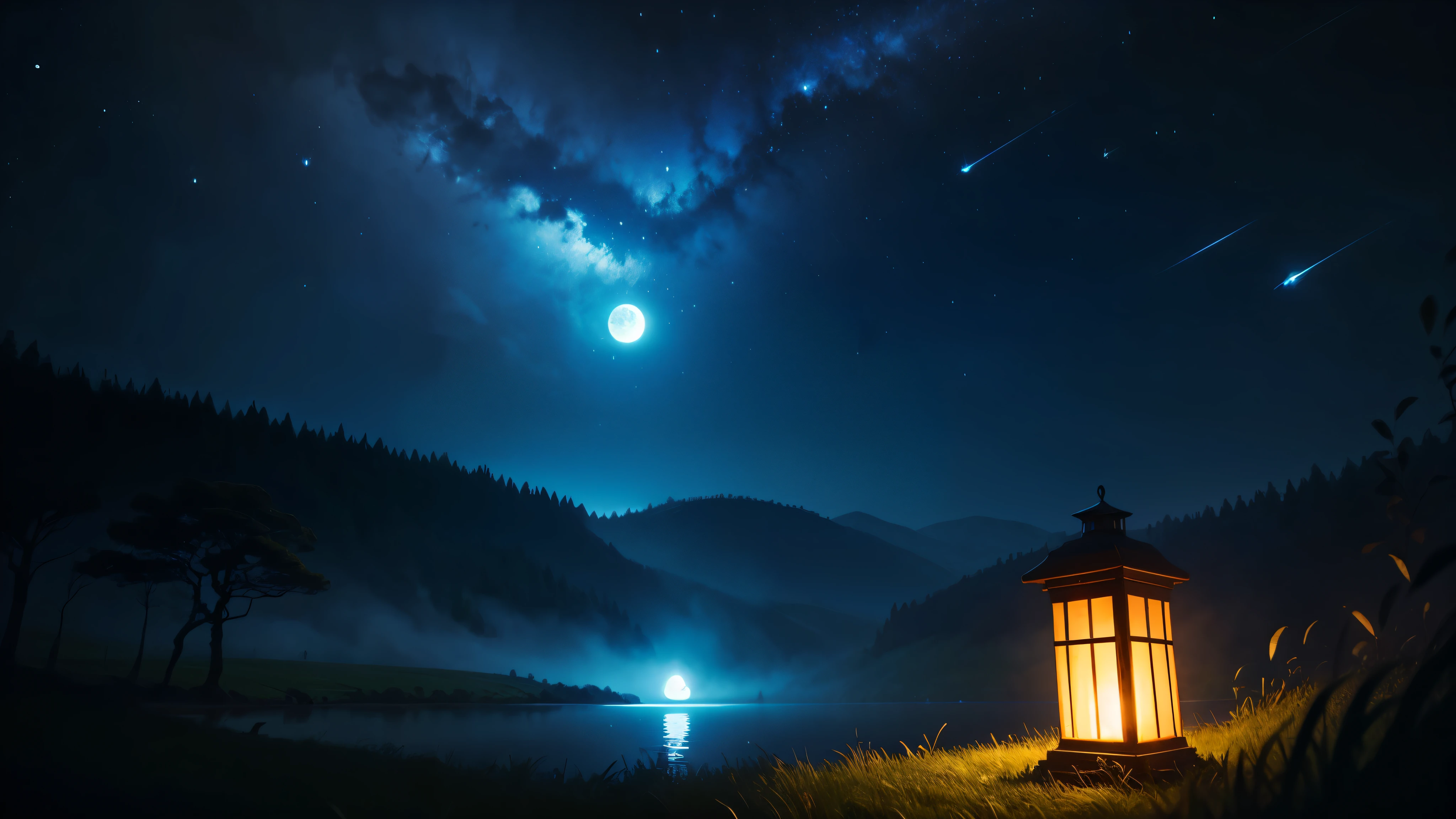 Nighttime scene of a lantern and a lake with a full moon - SeaArt AI