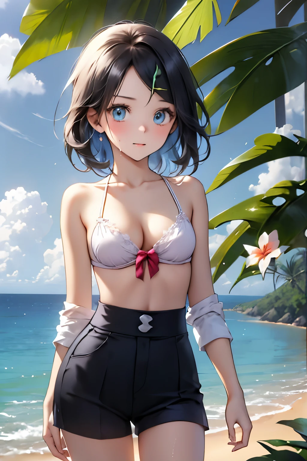 ( Light Blue Micro Bikini Bra ), Detailed depiction of nipples, cleavage  , cute, (masterpiece,  best quality,  8K ultra-high resolution :1.4), Pokemon Rico , (tropical,  beachside, flower: 1.4),  Written Boundary Depth, Film focus,  angle from below,   Variety Pose , Emotional composition, Emotional engine full throttle BREAK Young and cute girl, Slender body,  flat chested, Provocative, (( embarrassed face )), Expressions of affection, Extremely Detailed and Shiny Skin ,sweat,   topless, exposed breasts,  shorts, wet and shiny thighs , 完璧なPokemon Rico トップブレイク
, wind, detailed in the wind, petals dancing in the wind
BREAK
ultra detailed crystal eyes, Sparkling jewel-like eyes