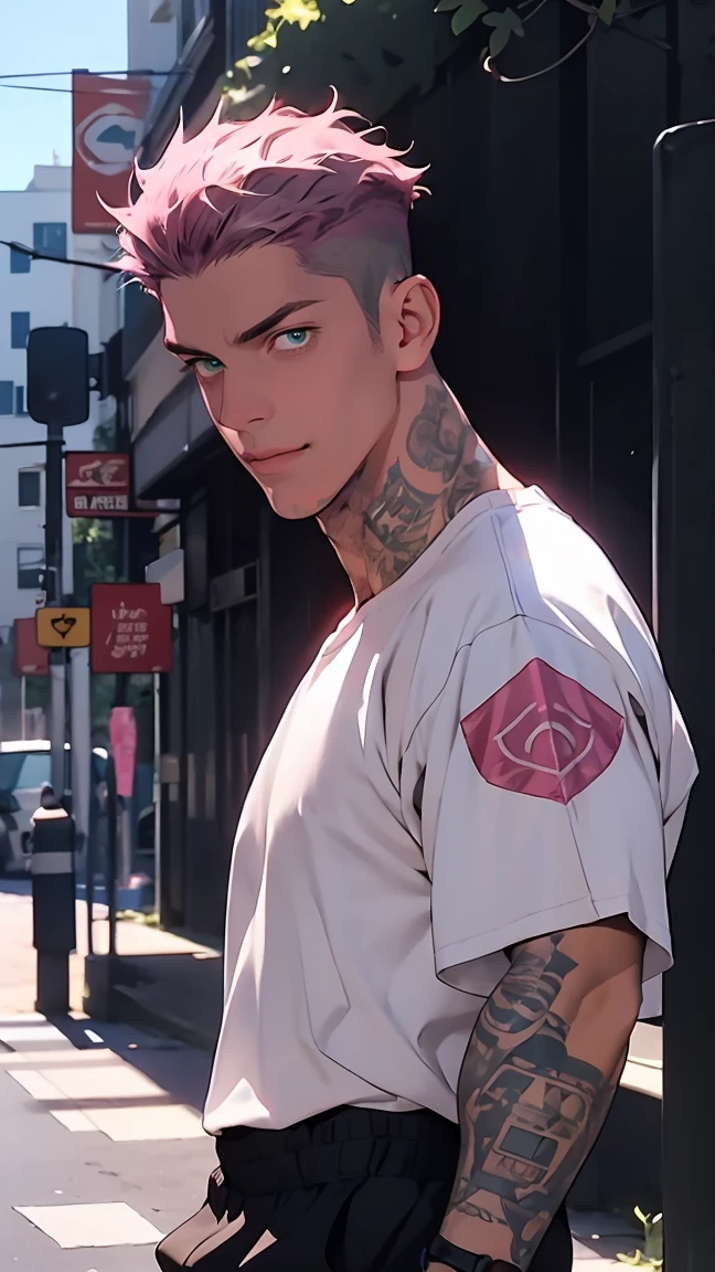 Highest Quality, 8K, High Resolution Image, Anime Style Jujutsu Kaisen, Detailed Strokes, Bored Look, Blurred, Purple Light Reflecting From It, (Close Angle), 1 Man, Male, Model, (Gilgamesh/Fate), (Chest Tattoos and arms, tattooed skin on chest and arms), Cool Guy, Strong Man, Tall Man, Broad Muscular Shoulders, Toned Arms, Toned Chest Abs, Well Defined Body, Muscular, (DARK PINK) HAIR, PINK SLICKED BACK SHORT HAIR, SHORT HAIR, pink Hair, Short Hair, short pink hair, slicked back hair, swollen chest. light green eyes, light green glowing eyes, bored look, handsome guy, hip-hop style guy, (smile), he is wearing a large loose sports jacket and a simple white loose-fitting t-shirt and a black pants, background: city, park, blue sky