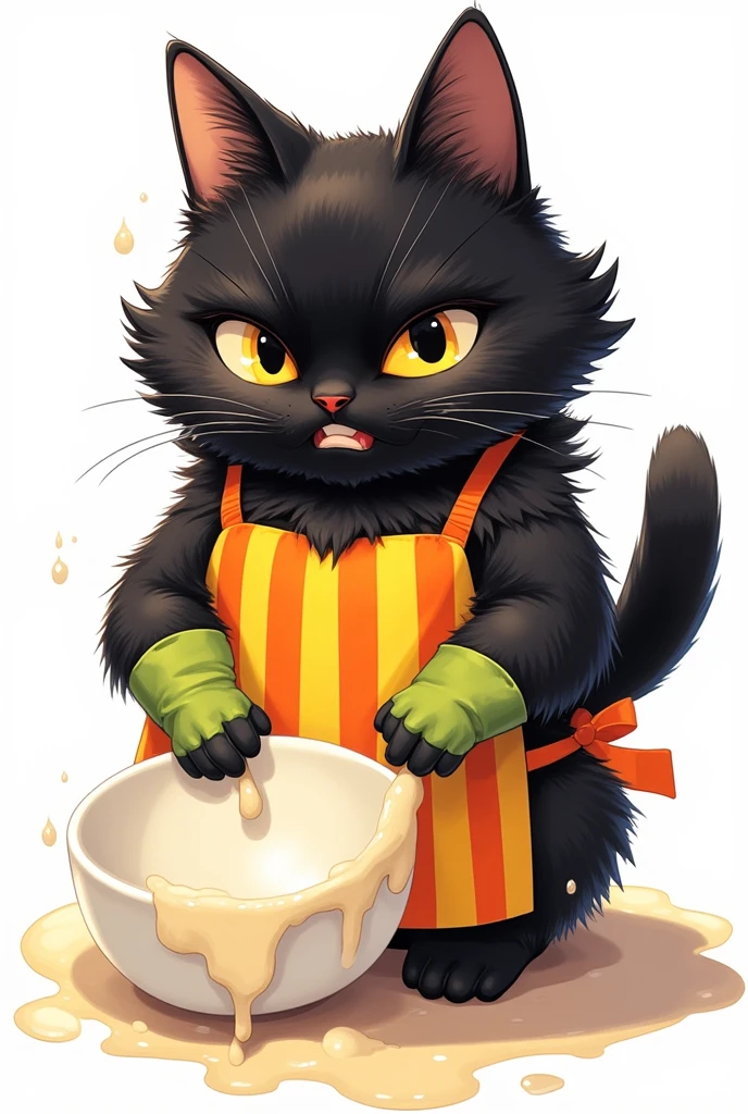 Super realistic illustration, full body, A furry male black cat wearing a yellow and orange striped apron is holding a white dish and wiping the dish with a cloth. Wearing rubber gloves on both hands. His Ears tilted back and spread out to the sides, airplane ears, drooping ears, closed ears. Slit yellow eyes, slit eyes, slit yellow eyes. :3, simple background