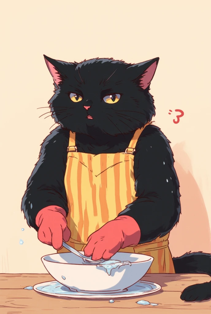 Super realistic illustration, full body, A furry male black cat wearing a yellow and orange striped apron is holding a white dish and wiping the dish with a cloth. Wearing rubber gloves on both hands. His Ears tilted back and spread out to the sides, airplane ears, drooping ears, closed ears. Slit yellow eyes, slit eyes, slit yellow eyes. :3, simple background