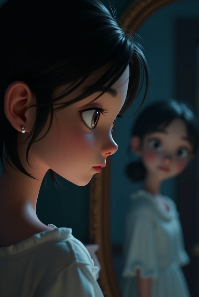 A woman stands in front of a mirror, looking at her reflection. Her face still shows signs of violence, but there is a glimmer of hope in her eyes. The mirror is cracked in places, symbolizing her shattered life. However, a small light shines on her face, signaling the beginning of a rebirth.style 3d pixar animation