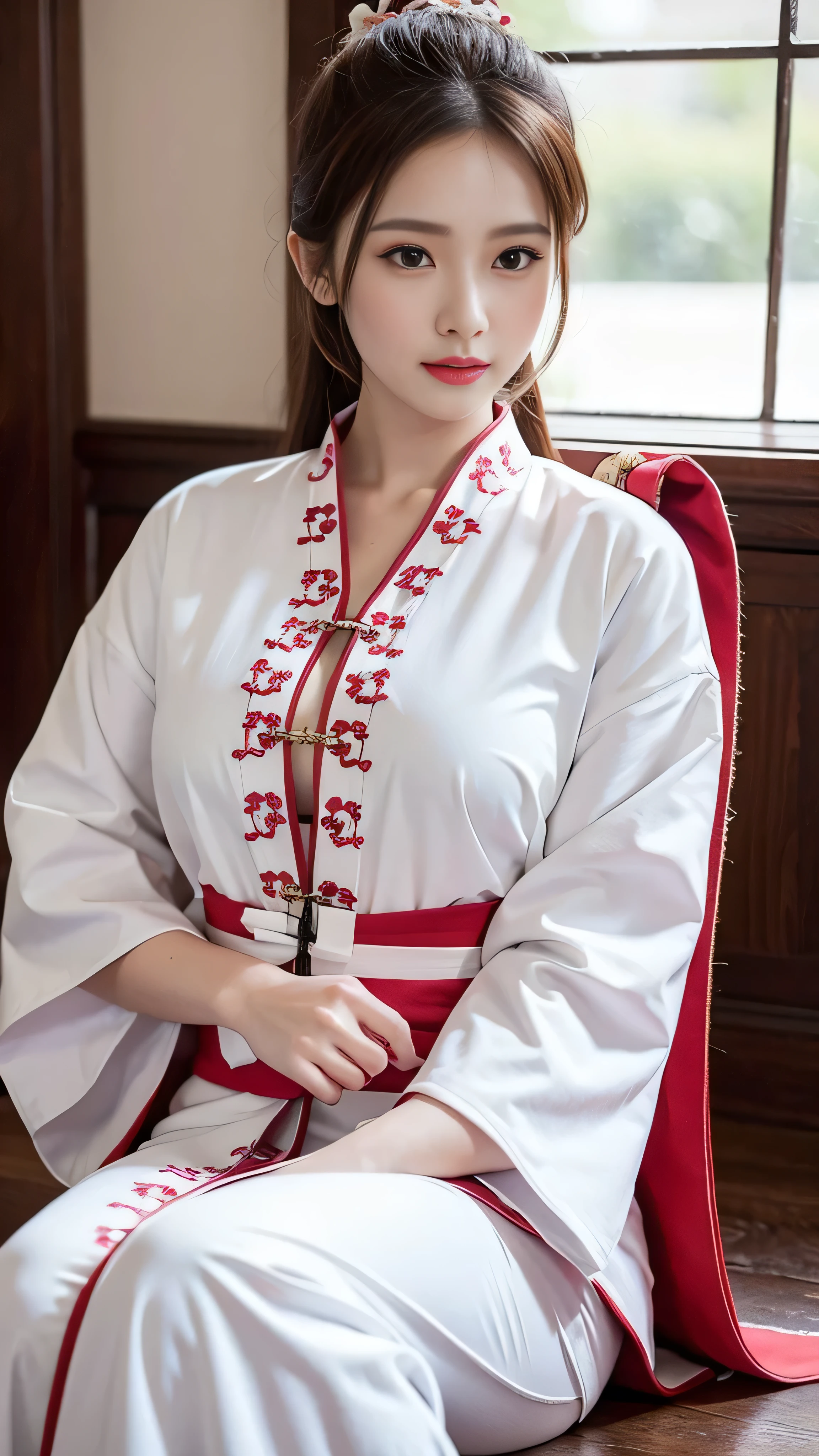  best quality, masterpiece,  high definition , 3 girls, Facial beauty,whole body,Chinese clothes, white Taoist robe,Hold the sword with your right hand  ( luxury decoration ),Peach Tree,