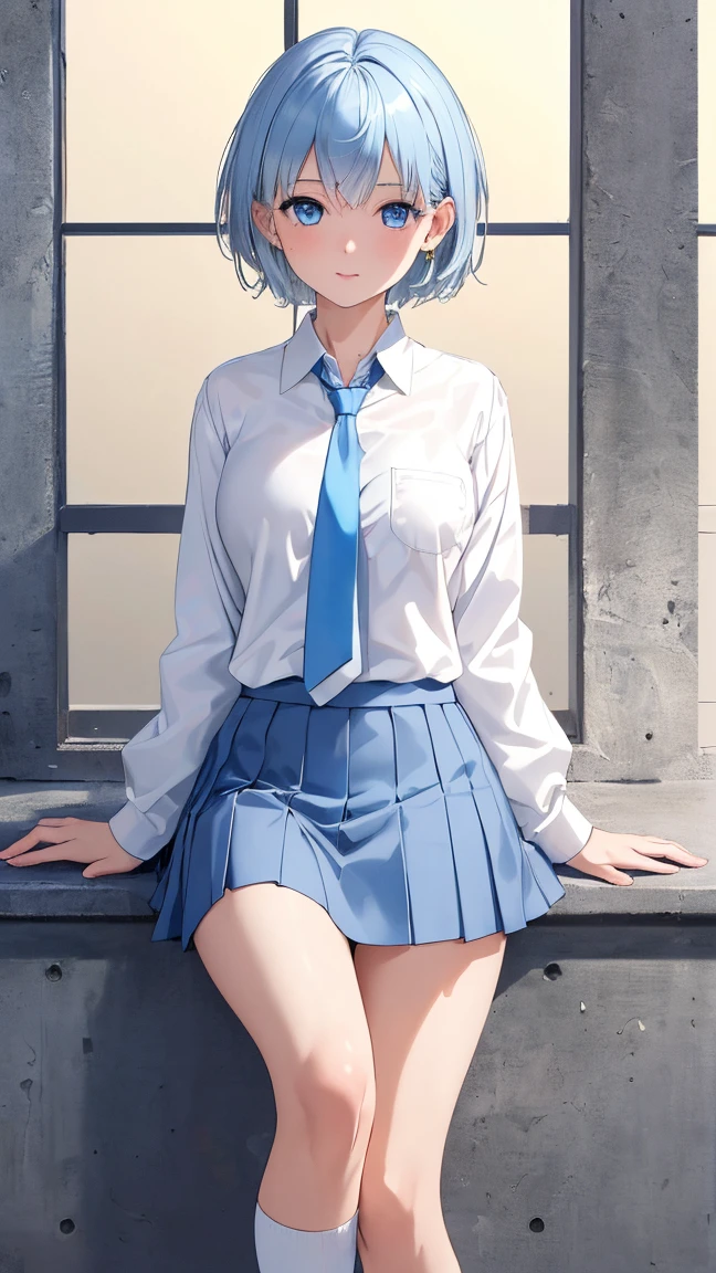 sit on stairs、(((open the thighs slightly)))、(Sheer panties)、(((Skirt lifts up))),Raw photography、top-quality、masterpiece、in 8K、realisitic、Raw photo、top-quality、japanes、(1girl in)、beauitful face、(light blue hair、Bob Hair Hair:1.3)、Beautiful hairstyle、realisticeyes、Beautiful Detail Eye、Beautiful skin、enticing、超A high resolution、A hyper-realistic、high-detail、the golden ratio、(详细的脸:1.4)、high-school uniform、