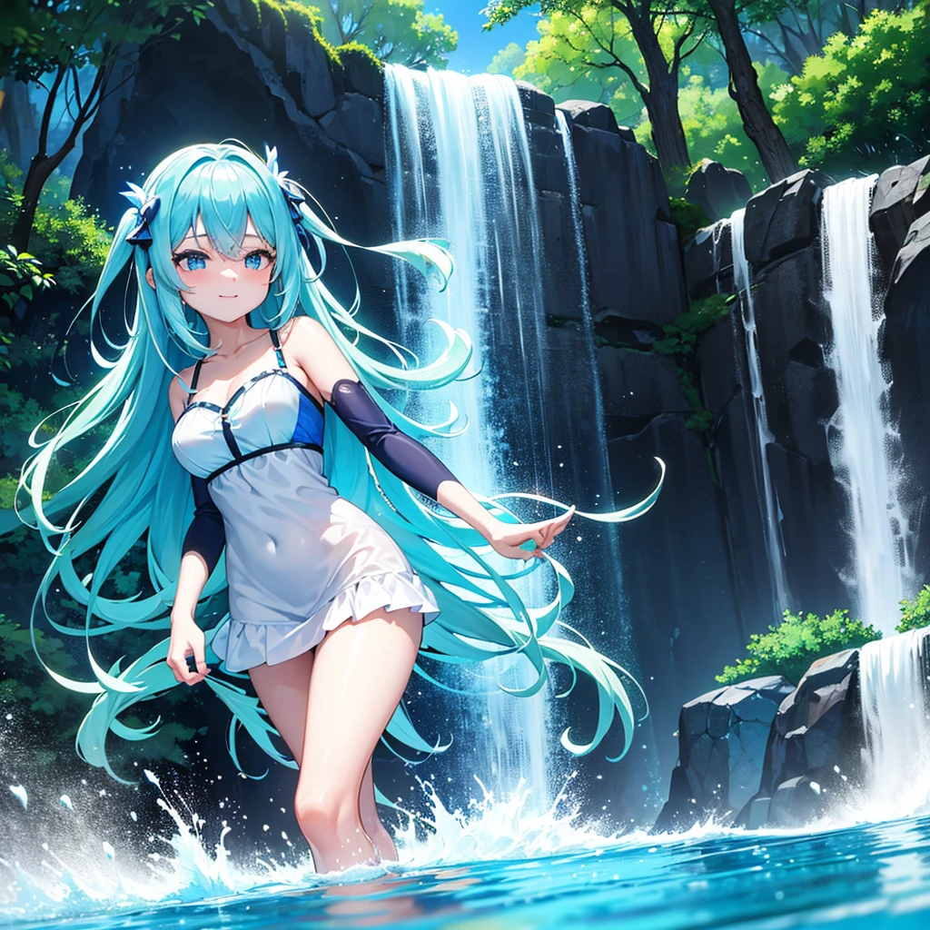 1girl, ((full body)), cyan hair, long hair, blue eyes, large breasts, cyan bra, dotted bra, jumping, water, grass skirt, smile, swimming rubber