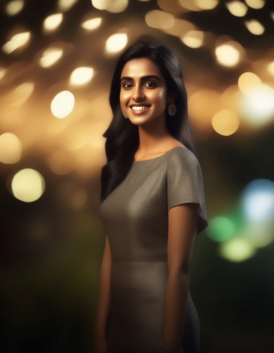 hires portrait photo of Asin woman, outdoors, realistic skin texture, smiling, looking looking at viewer,  high collar dress, smiling, night time, beautiful bokeh  