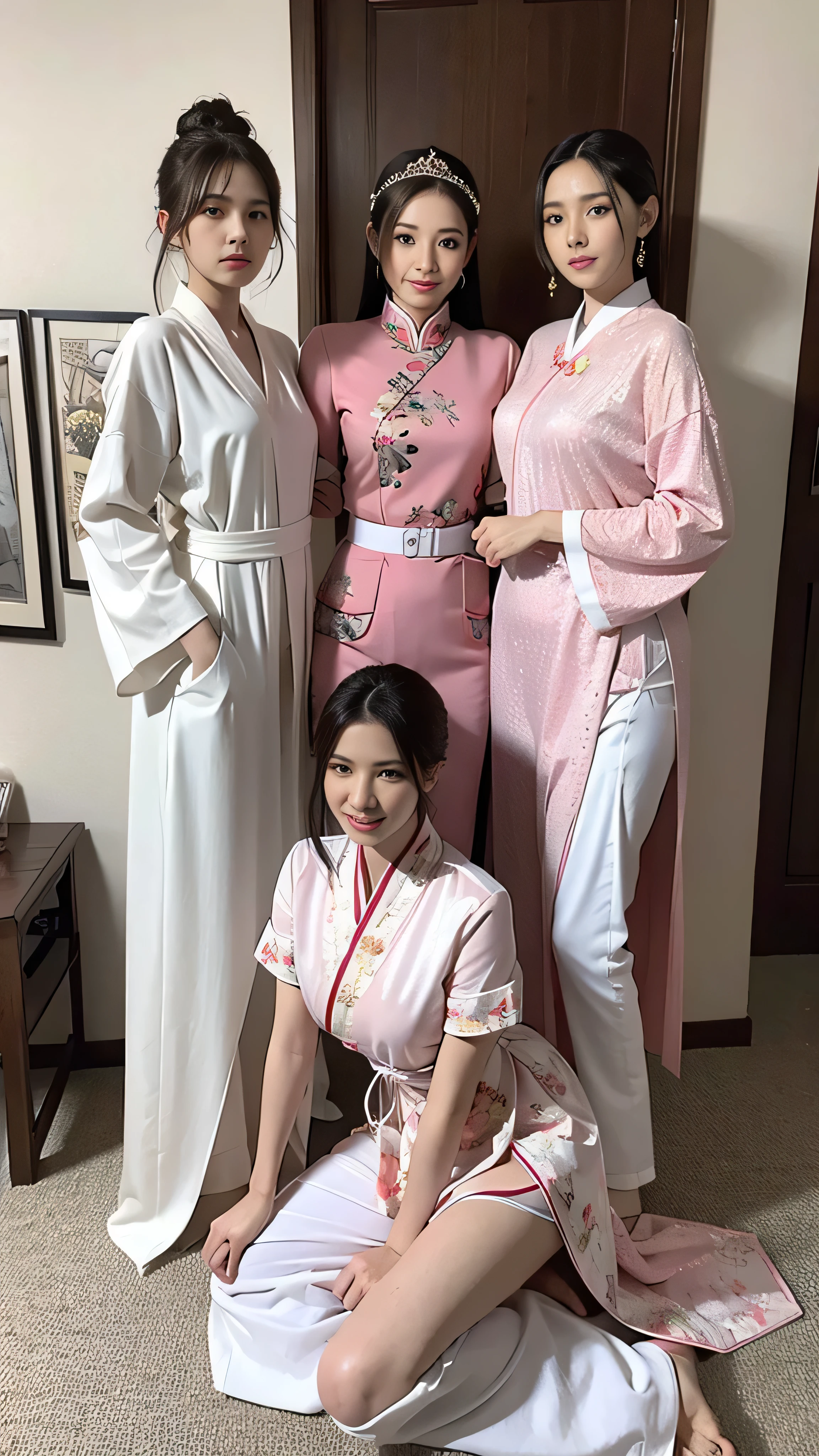  best quality, masterpiece,  high definition , 3 girls, Facial beauty,whole body,Chinese clothes, white Taoist robe,Hold the sword with your right hand  ( luxury decoration ),Peach Tree,