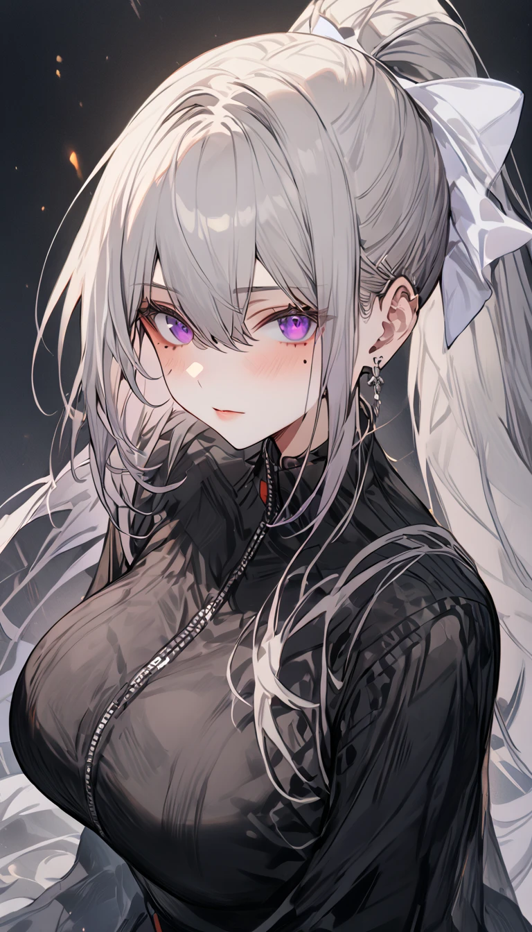  (masterpiece:1.2), ( best quality :1.2),  perfect eyes,  perfect face,  1 girl,hk1, purple eyes, grey hair, hair between eyes, long hair, very long hair, ponytail, mole, mole under eye, bow, white bow,big breasts,