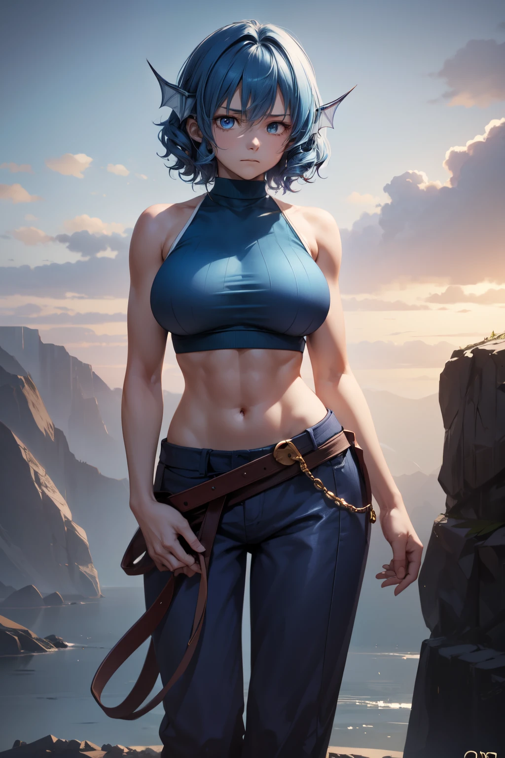 wakasagihime, 1women, age 20, big breast, blind, blue hair, short hair, blue eyes, head fins, sleeveless crop top, cloth pants, silk, monk, medieval, fantasy, blank expression, focused, sharp look, hands down, masterpiece, best quality, standing strong, (fit:0.9), (muscular:0.7).