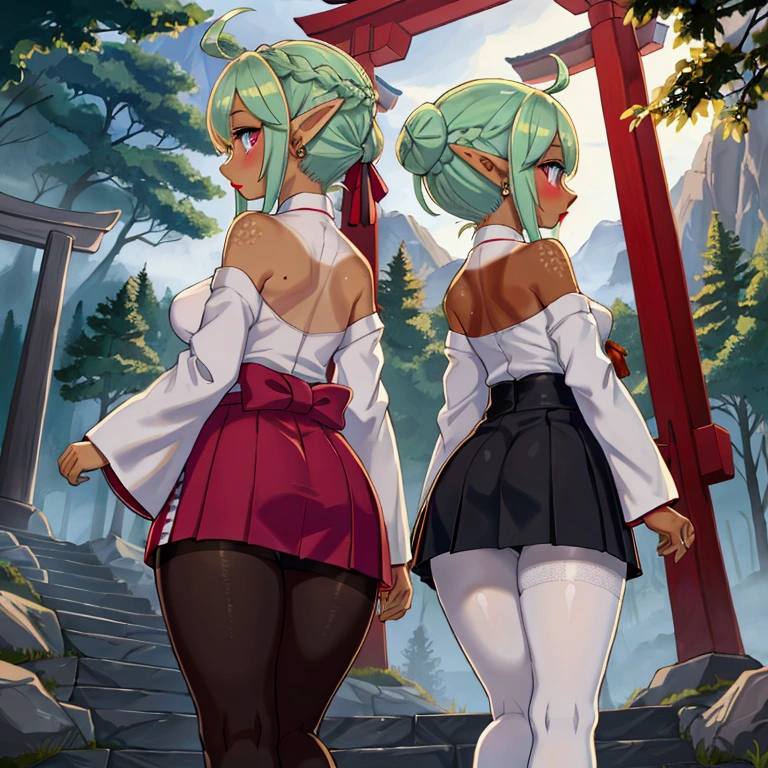 (((back shot))), 1girl, (pink and orange), (masterpiece), best quality, 8k, professional photography, dynamic lighting,
BREAK, 
(purple eyes), detailed eyes, High Elf, (tan skin:1.3), pastel green hair, ((ahoge french braid:1.2)), small breast:1.3, small hips, big waist:1.2, (red lips), eyeliner, blush, (freckles), elf ears:1.2, eyes with intricate highlights, shy,
BREAK, houndstooth pleated mini skirt, fitted white blouse, slim black bow tie, BREAK, (sheer white pantyhose), BREAK, pointed black pumps, gold stud earrings, thin necklace, preppy yet polished style, body leaning forward,
BREAK,
A traditional Shinto shrine set amidst towering pine trees, surrounded by misty mountains, wooden torii gates, and stone steps covered in moss, illuminated by soft sunlight filtering through clouds.,