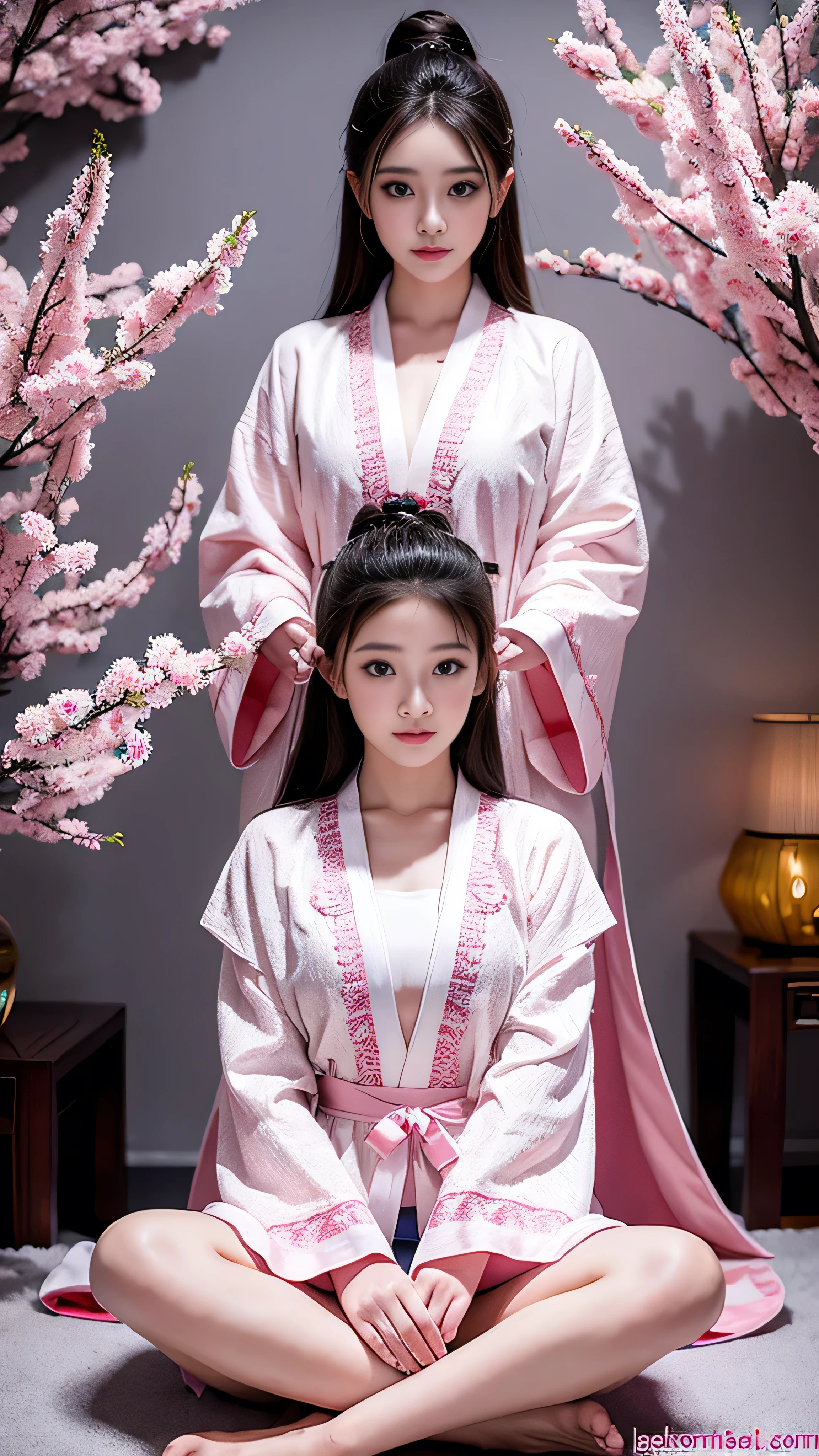  best quality, masterpiece,  high definition , 3 girls, Facial beauty,whole body,Chinese clothes, white Taoist robe,Hold the sword with your right hand  ( luxury decoration ),Peach Tree,