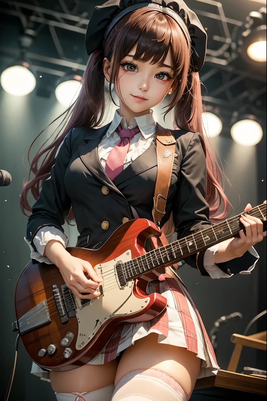 High school girl blazer、uniform、 Red Check Knee Length Skirt、 long skirt、JK Style、 jacket、smile、 knee-high socks 、 thigh high socks 、 pantyhose、Superb Beauty 、Super cute、ennui、 Rare Beauty 、 twin tail hair、 Dark Dark Eye Shadow 、 sad、Skin radiance、 Long Hair Straightener 、 Dark Gothic Makeup 、Dark Smile、 Fragrant Beauty 、 Stained Glass Background 、masterpiece、 best quality、See 5 books、Sweat glistening on my chest、Sweat glistening on the face、 smaller breasts、Dark pink hair、22 years old、Slightly slim、 Mysterious Expressions 、Sad look、 pink hair、 Mysterious Gothic Church 、 Fascinating Castle 、Excessive sweating all over the body、Thighsに大量の汗と光、光沢のあるThighs、Thighs、Thighsに大量の汗が光る、 sweat a lot、Gal、 smaller breasts、 Japanese face 、 Seductive Expression 、細いThighs、Playing guitar、 holding an electric guitar 、Sing passionately、バンドでPlaying guitar、 Playing Guitar Chords 、 Live House Background 、 songs、 open your mouth、 Live House Scenery 、 microphone stand、 gorgeous live stage 、Dynamic angle、
