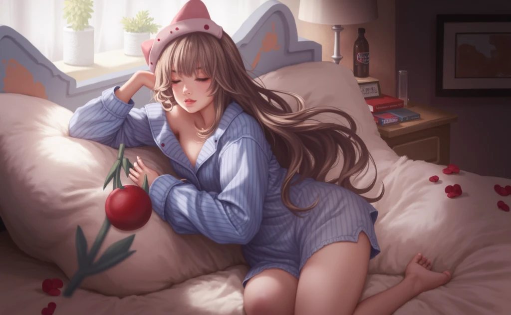 A 25-year-old girl is holding a cup of coffee on a mattress scattered with roses.