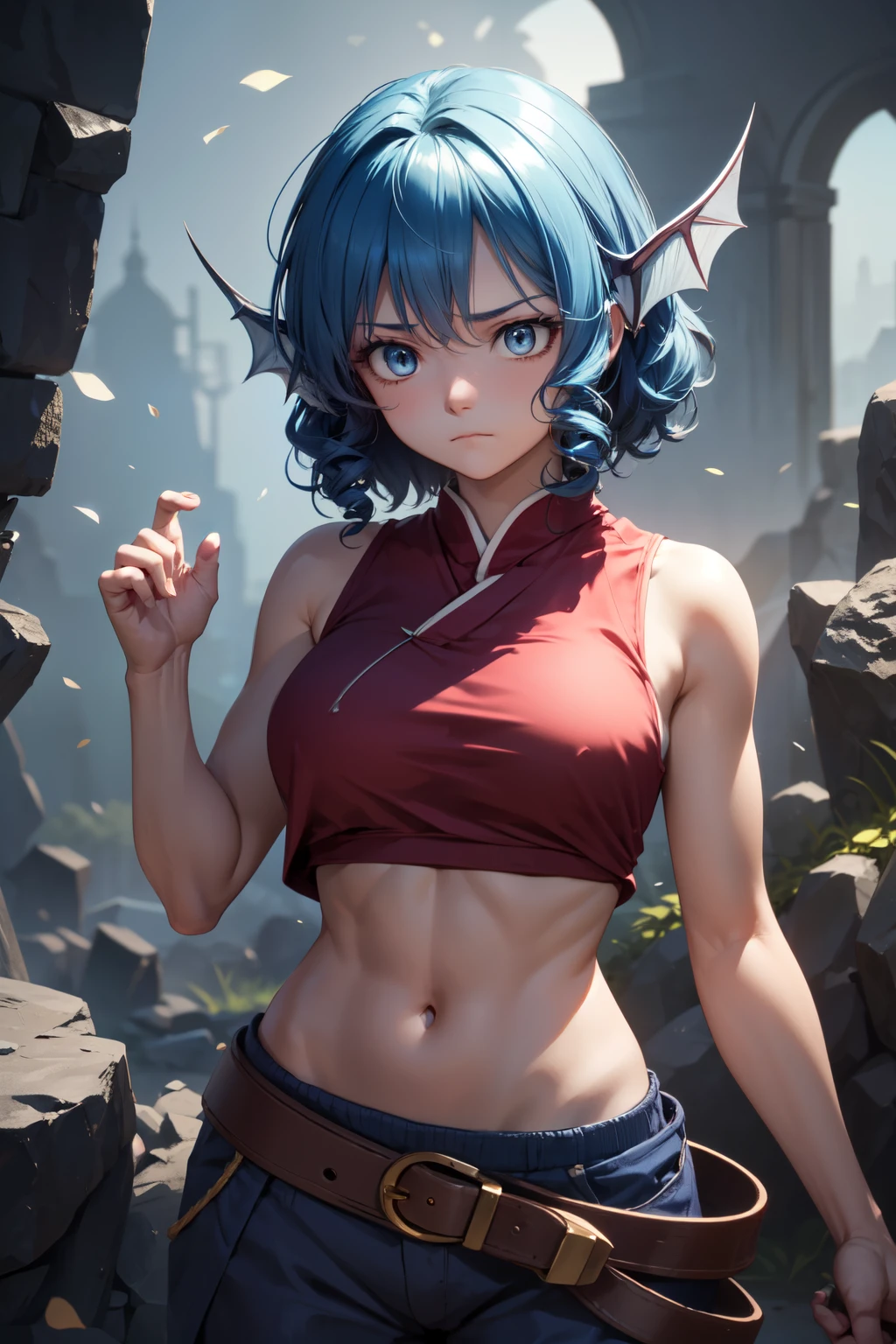 wakasagihime, 1women, age 20, medium breast, blind, blue hair, short hair, blue eyes, head fins, sleeveless crop top, cloth pants, silk, monk, medieval, fantasy, blank expression, focused, sharp look, hands down, masterpiece, best quality, standing strong, (fit:0.9), (muscular:0.7).