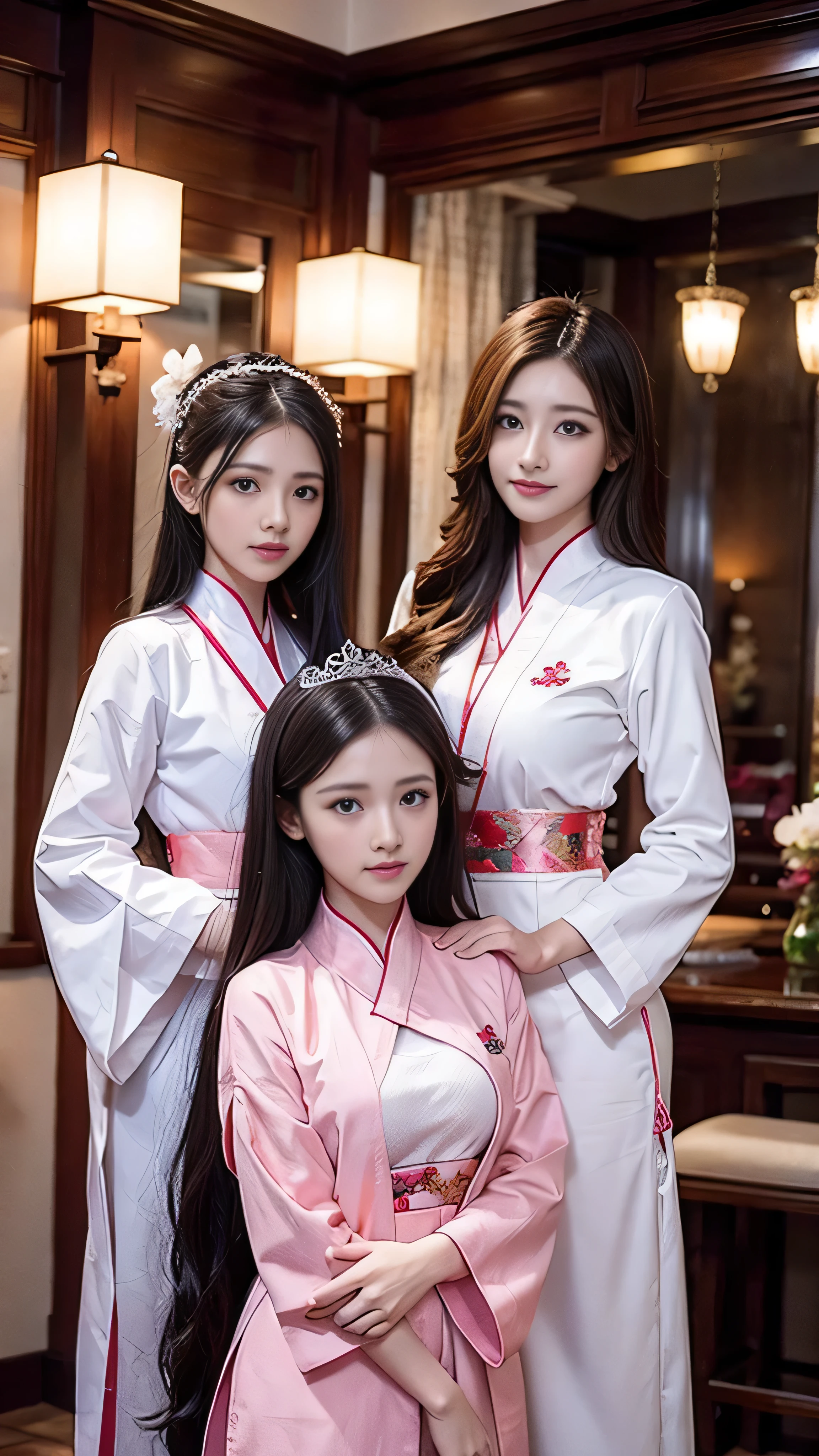  best quality, masterpiece,  high definition , 3 girls, Facial beauty,whole body,Chinese clothes, white Taoist robe,Hold the sword with your right hand  ( luxury decoration ),Peach Tree,