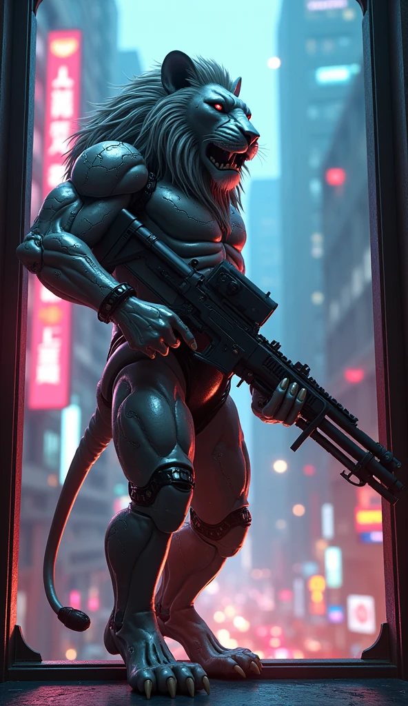 16K, High resolution, RTTX10.0, Ray Tracing, Natural light, Absurd, Top quality masterpiece, Perfect ??????? and highly detailed face, fine grain, Lion face wearing suit and tie、Mouth wide open, showing sharp fangs、Beautiful Hair, so beautiful, Edgy, Nice, Evil Aura, the wind is strong, Glowing Eyes, dystopian city, Futuristic, Detailed Background, Awards, Neon Light, It was a hot topic on Art Station., Climax, Sweat is splashing, Skull in a suit and tie, 自然A pose, Intense movement, color々A pose, cyber punk、Dystopian World、