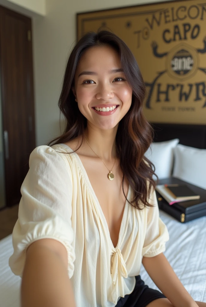 A radiant young woman, taking a selfie from above, is holding a Shein box with a charming smile. She is wearing a summer dress, and the box displays the Shein logo clearly. The background is a cozy home setting with welcoming details, leaving free space at the top and bottom for the inclusion of typography.