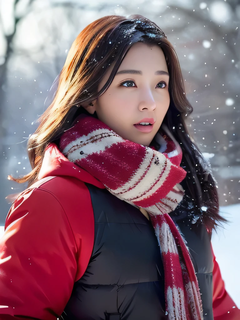 Photorealistic、Enhanced dynamic perspective，a beauty girl，Winters，snowscape，snowflakes flying、（Lots of snowflakes：1.4），snow cover，Black and red down jacket coat，Thick wool scarf，Looking here，simple backgound，Works of masters，high quarity，4K resolution，super-fine，Detailed pubic hair，precise，Cinematic lighting