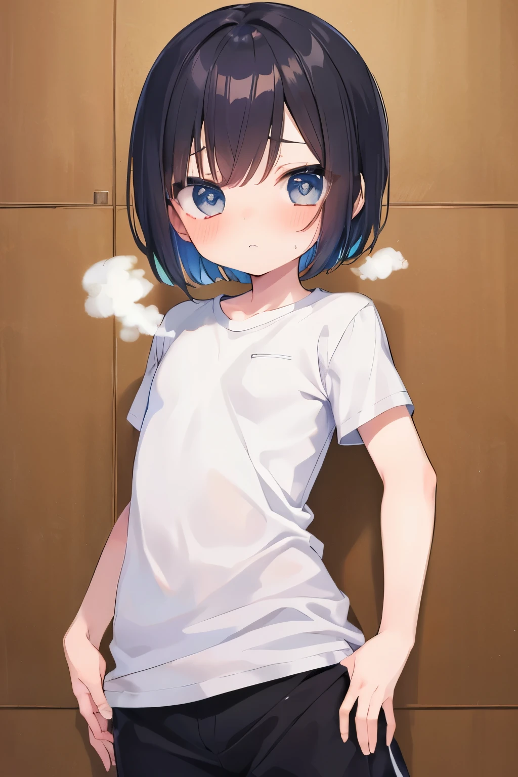 ((highest quality)), ((High resolution)),  1 girl,black hair,((blush))、black hair、((Pussy with few wrinkles and folds))、light blue eyes、short、Squatting、angle from below、((7 to 9 ))、(amazing love juice)、((embarrassed))、kids fashion