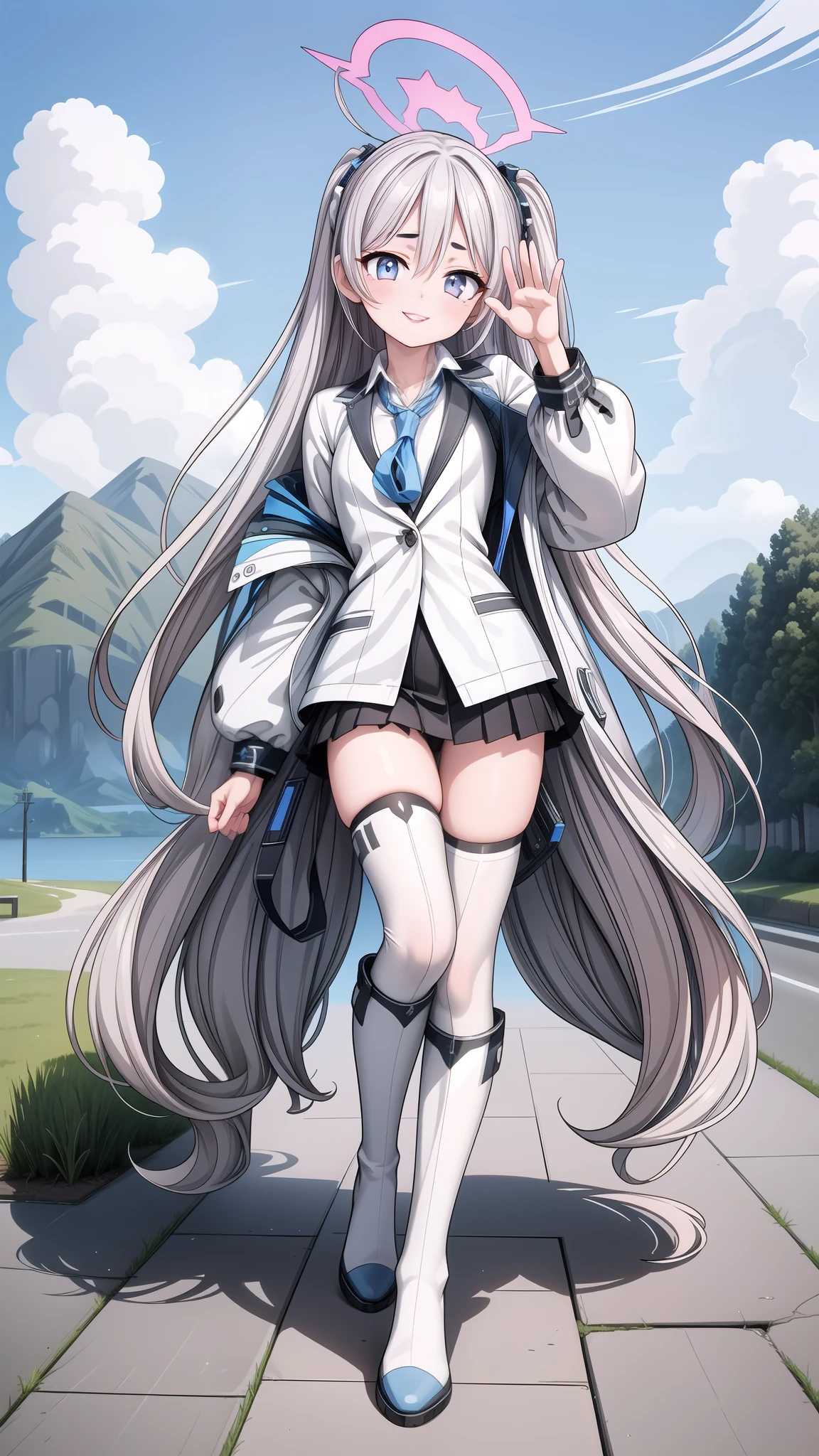 1 girl, detailed face, beautiful eyes, detailed lips, extremely detailed face and features, long eyelashes, looking at viewer, smiling, full body, waving, outdoors, long silver hair, halo, white suit jacket, blue tie, white dress, thigh high socks, black leather boots, (best quality,4k,8k,highres,masterpiece:1.2),ultra-detailed,(realistic,photorealistic,photo-realistic:1.37), (surreal:1.3), (hyper detailed:1.3), (flawless:1.3), (exceptional quality:1.3)