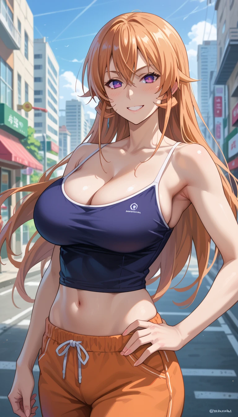 Mature female, fit girl, score_9, score_8_up, score_7_up, score_6_up, score_5_up, score_4_up, BREAK source_anime,1girl,erina nakiri, long hair, orange hair, hair between eyes,(purple eyes), glowing eyes,huge breasts, blue camisole, dolphin short, navel, armpit, collarbone, cleavage, midriff, city backgrounds, smile, hand on hip, smile, blush, 